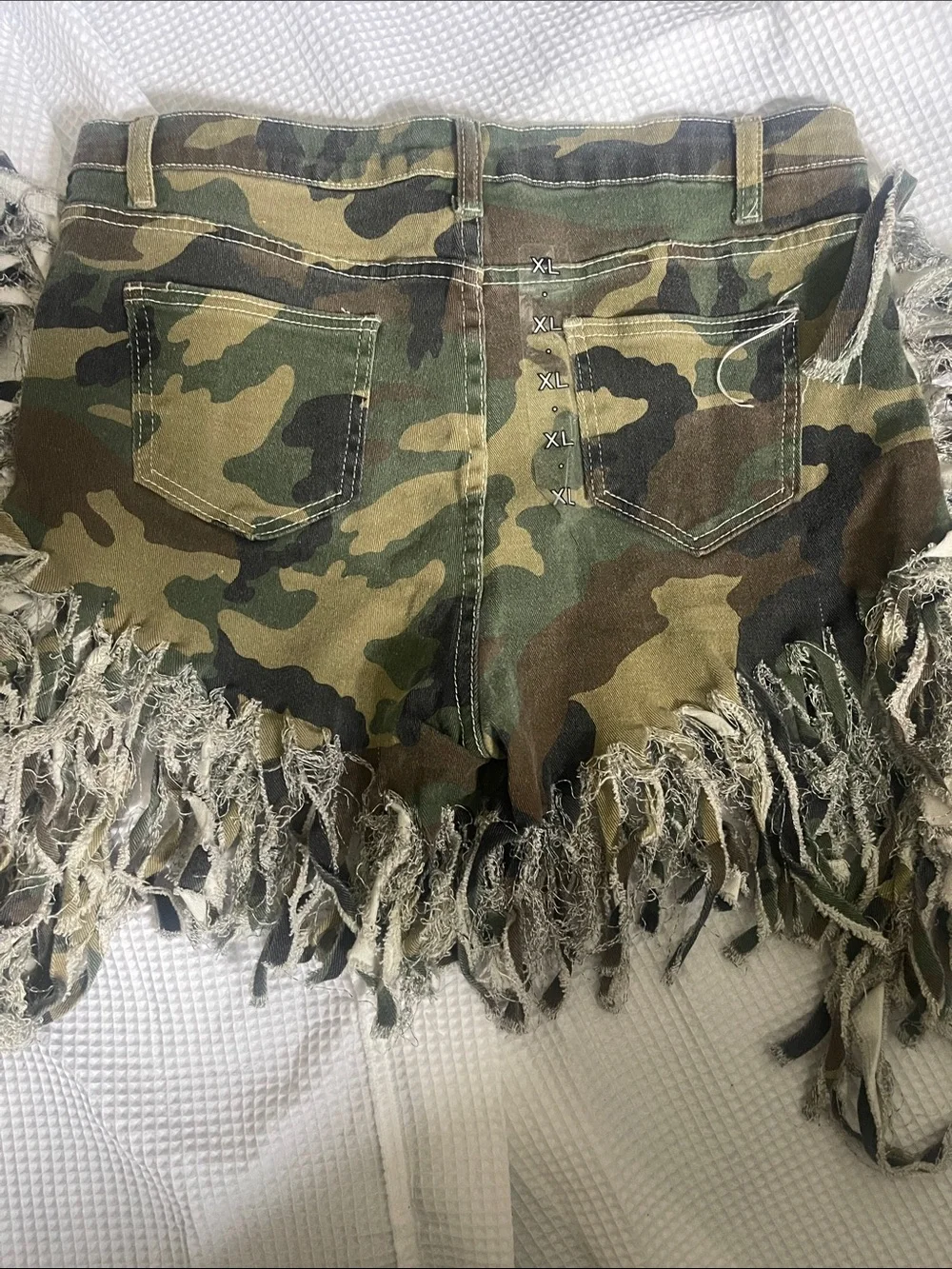 Frayed Camo Denim Cutoff Shorts - Green Camo Fringe